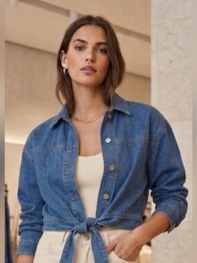 Mango Light Blue Denim Jacket with Cream Label